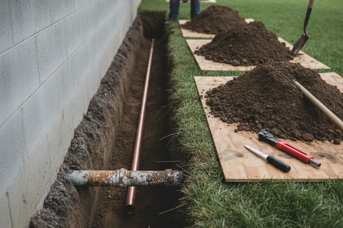 Excavated water line trench during Water Softener Installation in Thawville